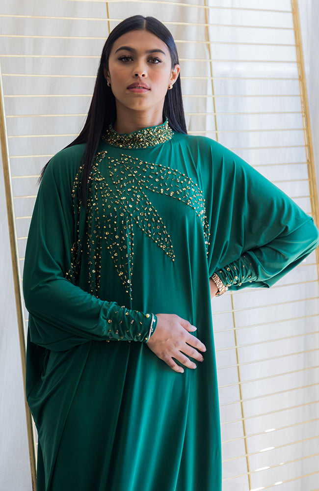 High Neck Kaftan with Leaf Bead Design